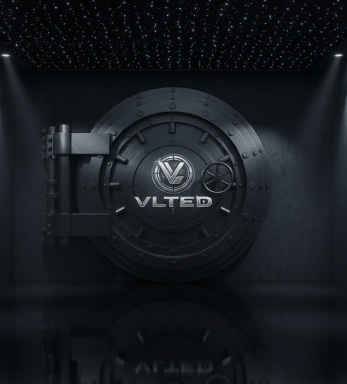 A large, round vault door with the letters “VLTED” and a logo in the center, set against a dark, modern room with reflective floors and a star-like patterned ceiling.